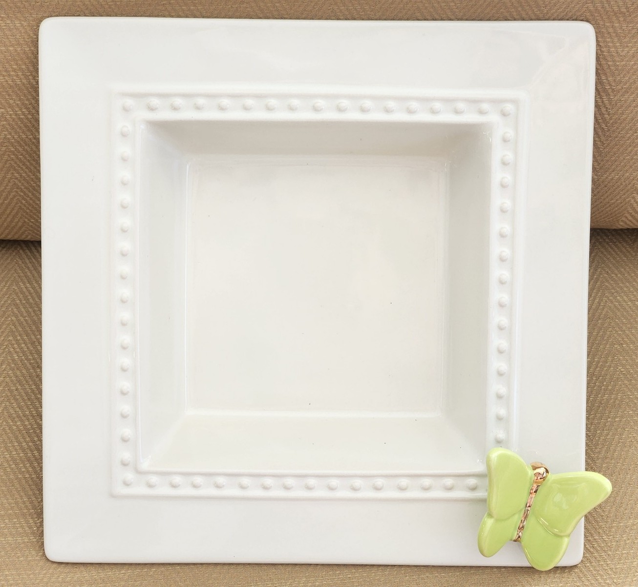 Nora Fleming Stoneware Pearl Dot Square Dish/Napkin Holder with Butterfly