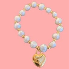 Sweet 16 Stretch Bracelet | Freshwater Pearls + Gold Heart Charm | Gift NEW