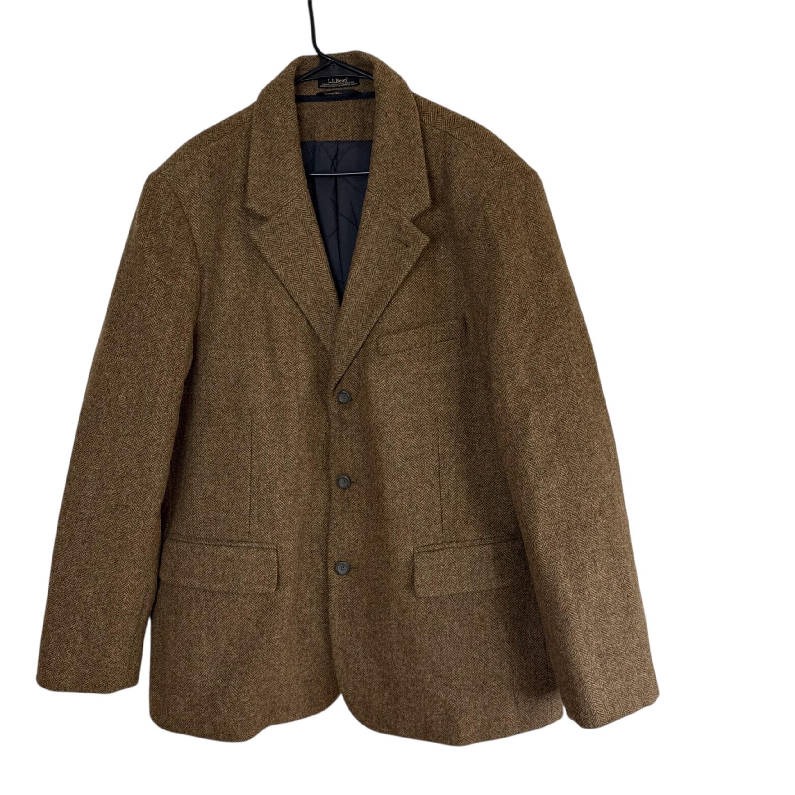 LL Bean Primaloft 100% Shetland Wool Brown Herringbone Tweed Sport Coat 48 Reg