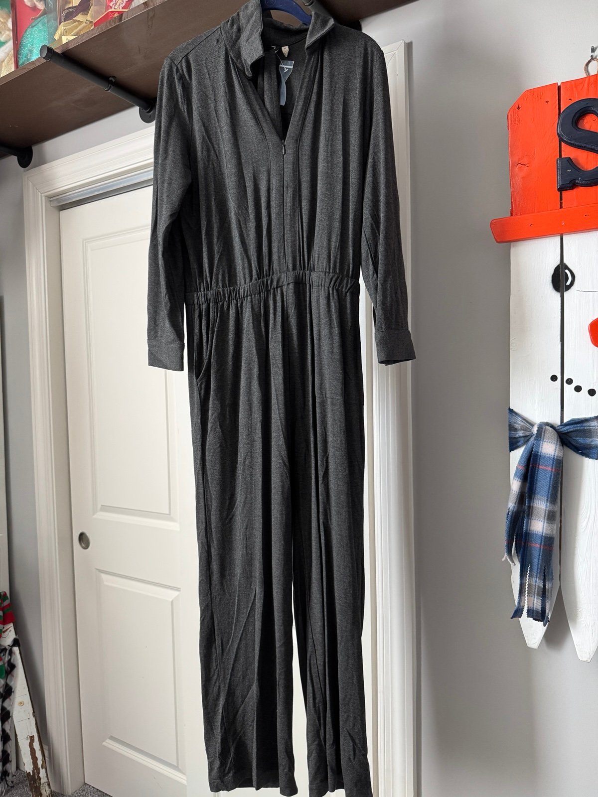 Soft Surroundings Tamara Cozy Jersey Zip Front Long Sleeve Charcoal Jumpsuit PS