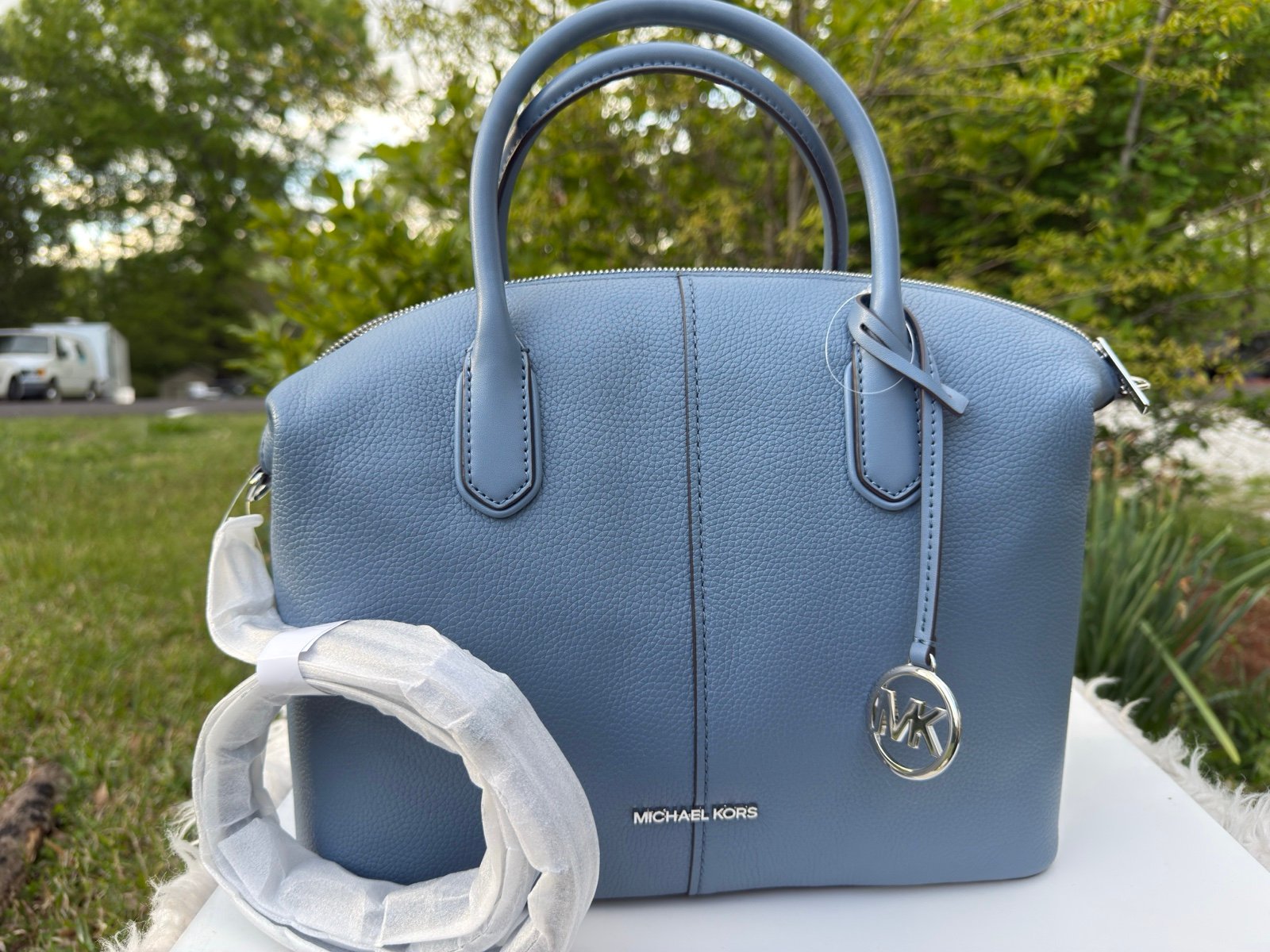 Michael Kors Hyde Large Leather Satchel Denim slouchy hand bag crossbody purse