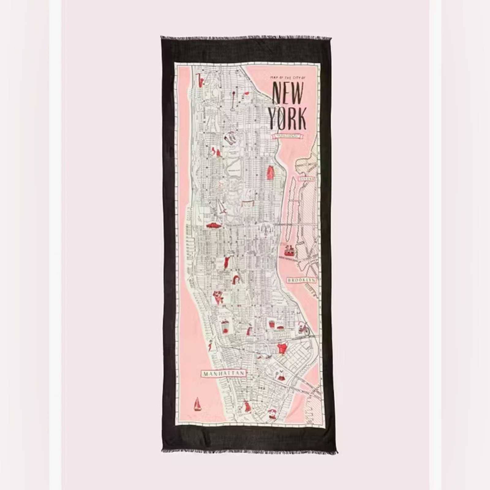 Kate Spade New York NYC Rectangular Map Scarf Black Pink White 80 x 27 