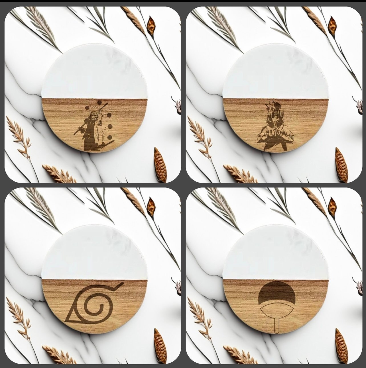 naruto Set 4 engraved coasters high quality marble and acacia wood