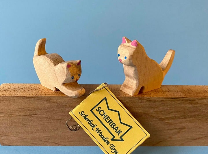 Lot of 2 Kittens Waldorf wooden TOY cat figures, by Scherbak, Ostheimer size