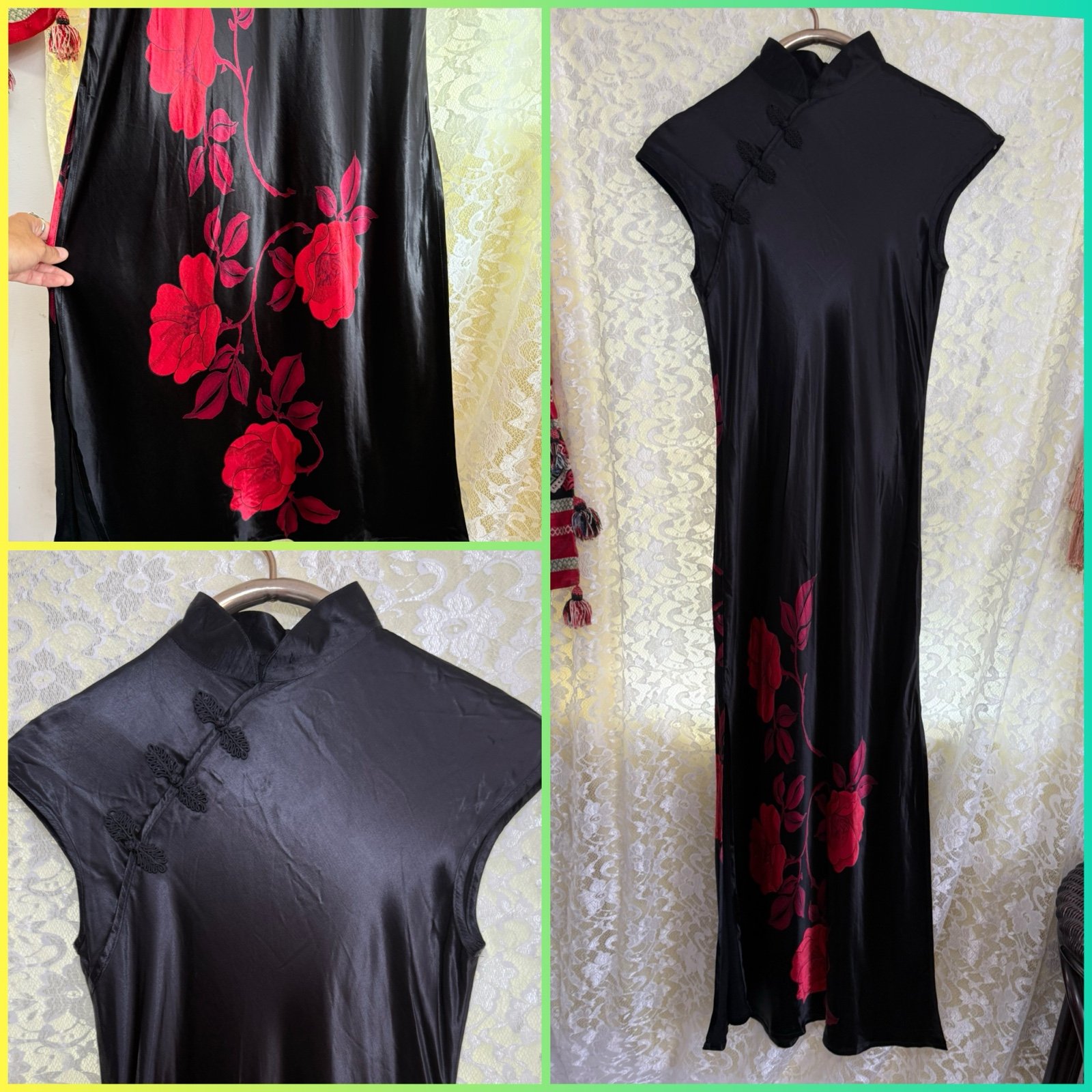 Vintage Benjamin A. Chignon Chinese style dress black satin red roses small euc