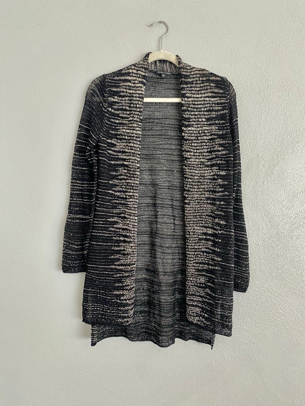 Eileen Fisher Sweater XS Wool Linen Open Front Loose Knit Black Cardigan