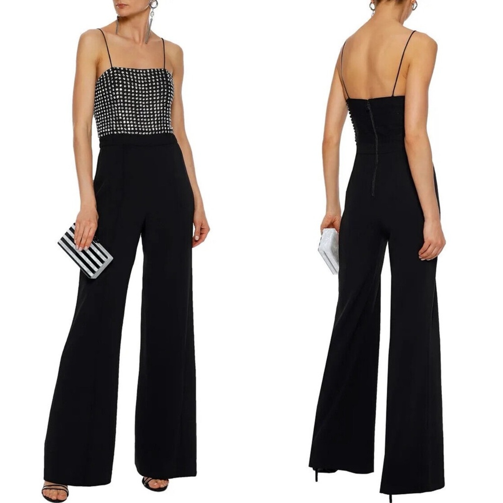 ALICE + OLIVIA Mannie Crystal Embellished Crepe Jumpsuit in Black Sz 8