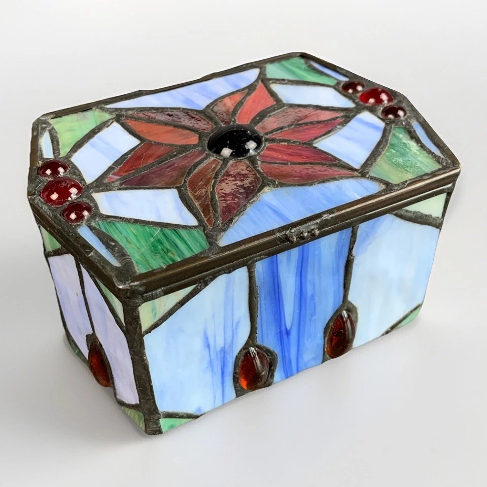 Stained Slag Glass Hinged Trinket Box Blue Green Red 5.25 x 2.75 x4 Floral