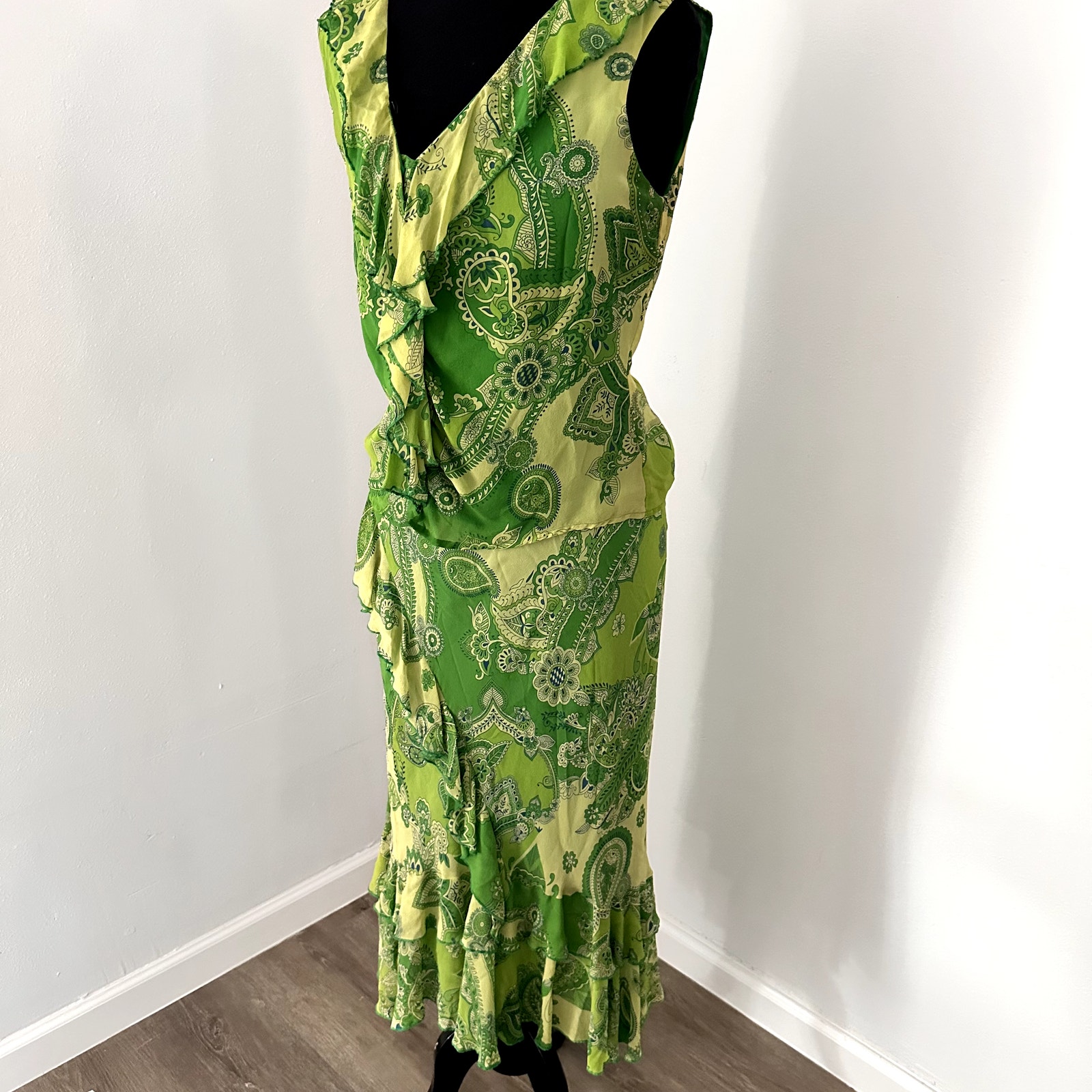 Vintage Silk Bob Mackie Women's Green Paisley Shirt Skirt 2 Piece Set 6 &10