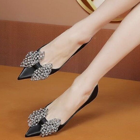 YDN Women Pointed Toe Low Kitten Heel Pumps with Bow Crystal for Dressy ,Black