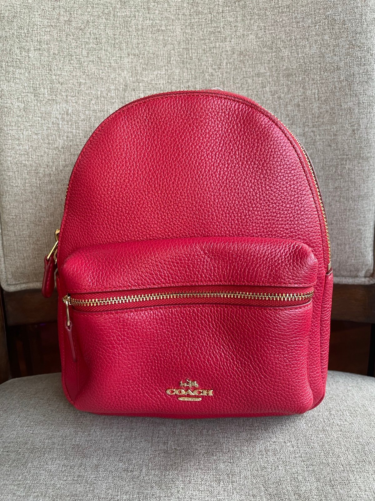 NWT！COACH MINI CHARLIE BACKPACK IN PEBBLE LEATHER (COACH F38263) LIGHT GOLD/RED