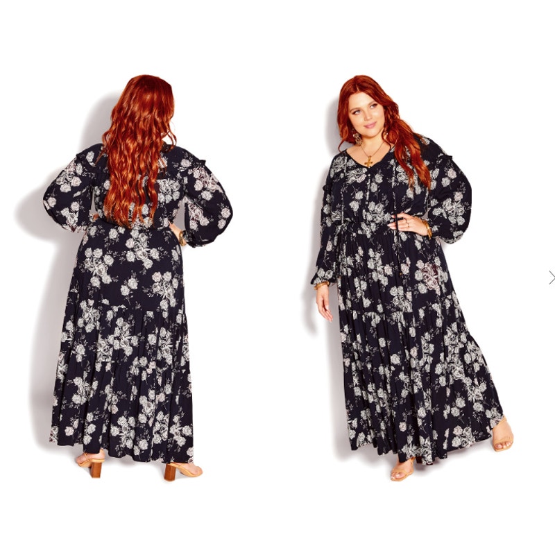 City Chic Navy Blue White Divine Rose Floral Maxi Ruffle Dress Plus Size 14 New