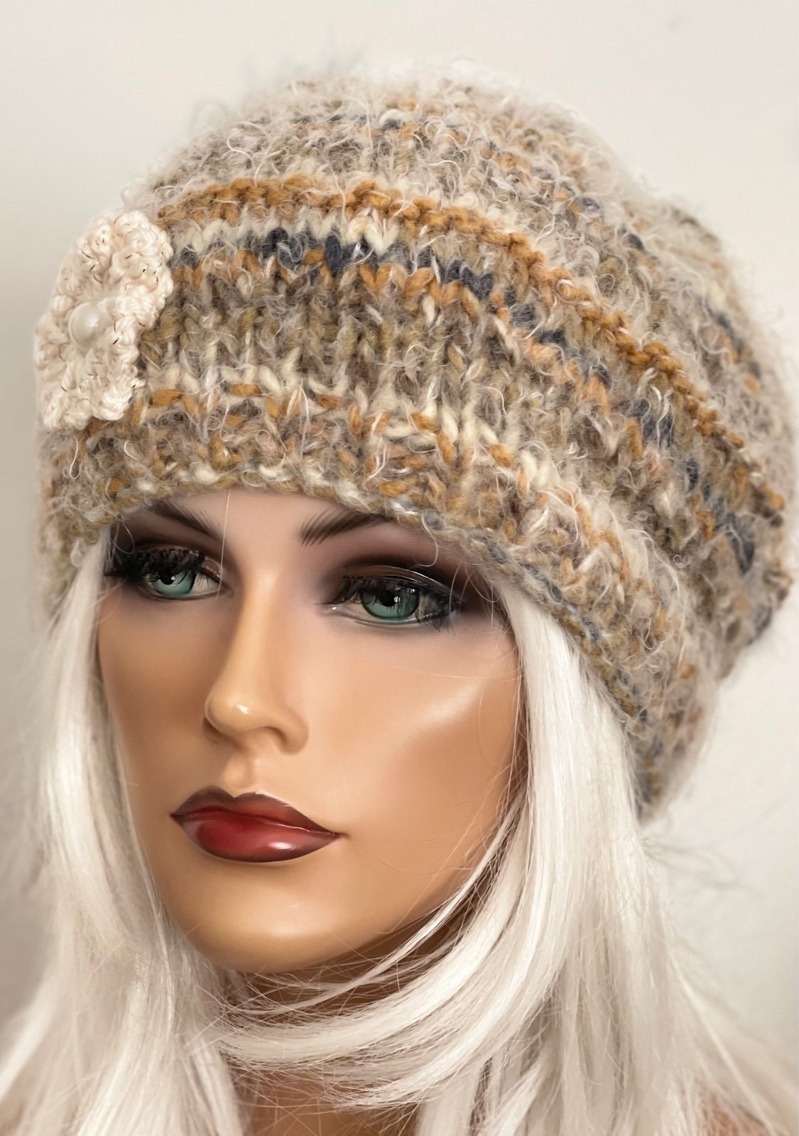Hand Knits 2 Love Slouch Beanie Hat Cap Dedigner Fashion Flower Pearls