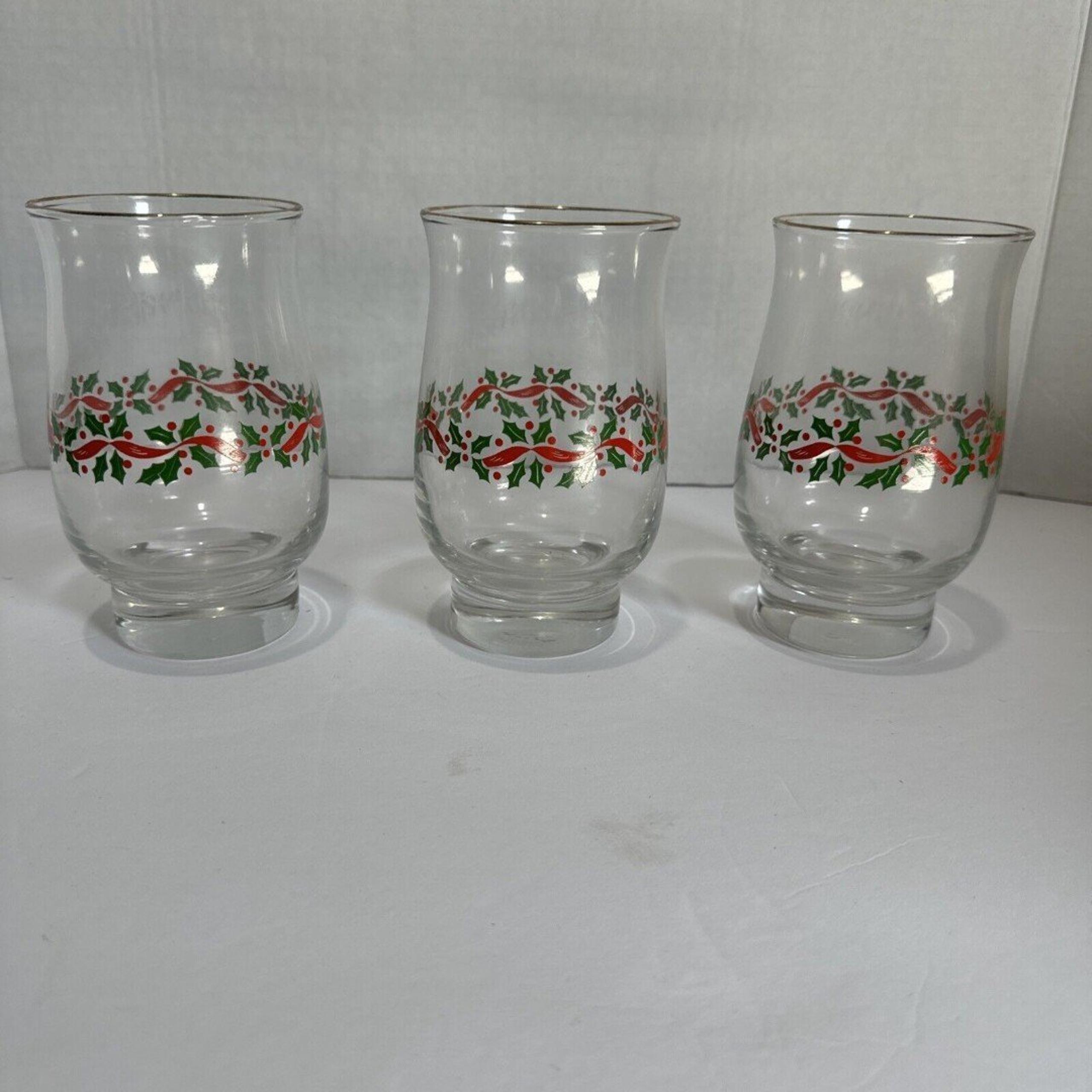 Libbey Holly & Berry Christmas Tumblers Clear Glass Gold Rim 5 1/4" Vintage 3