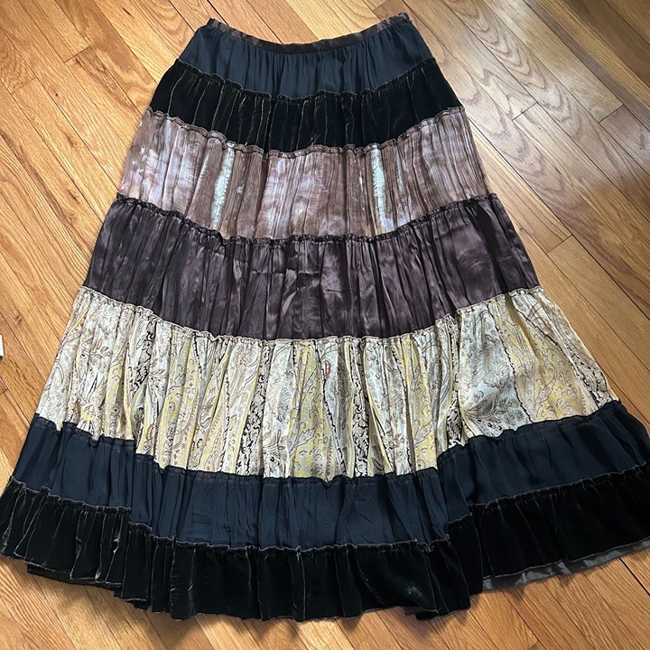 BCBGMaxAzria Tiered Maxi Skirt S Multicolor Velvet & Chiffon Boho Style Y2K