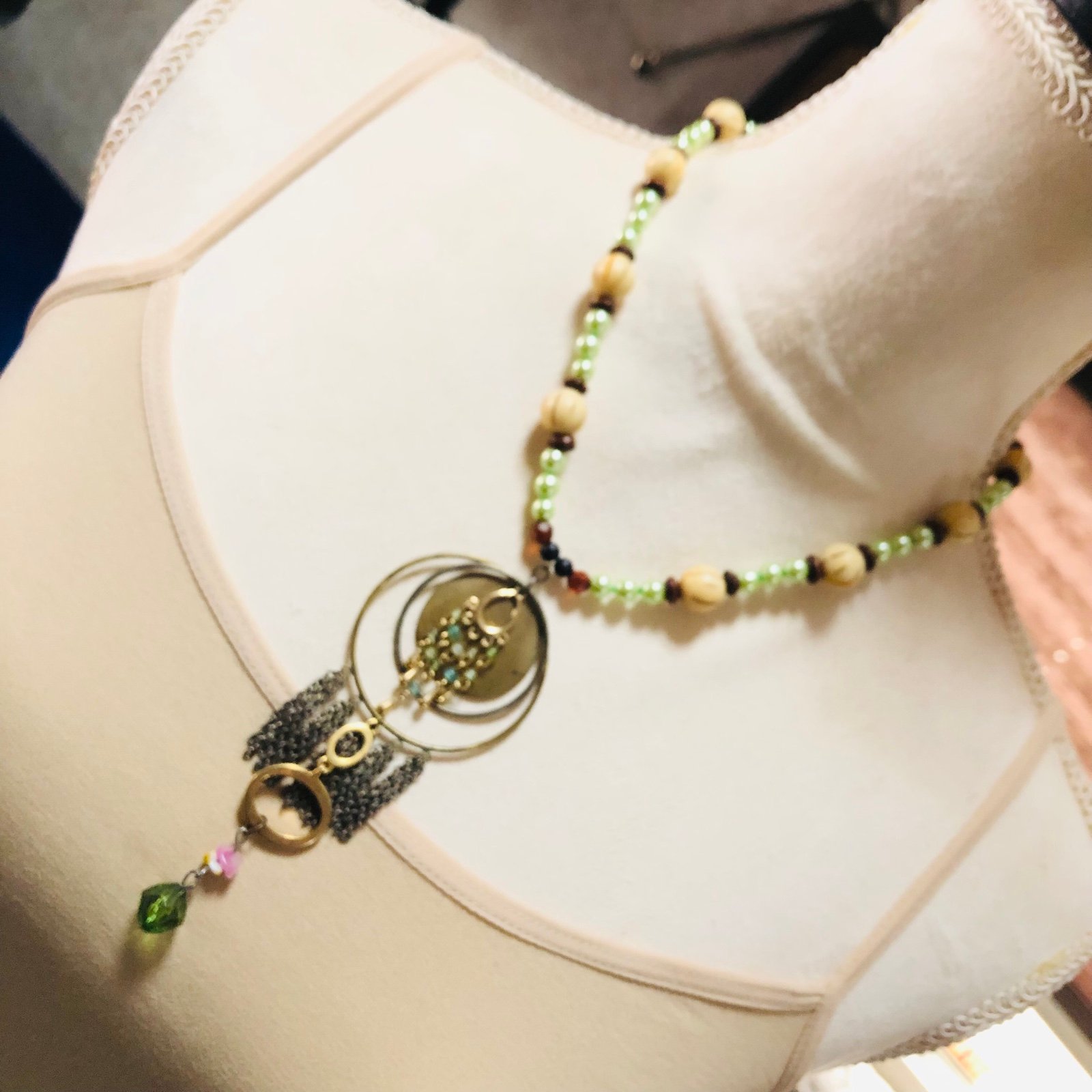 Handcrafted repurpose old brass fringe pendant Czech glass Pearl necklace