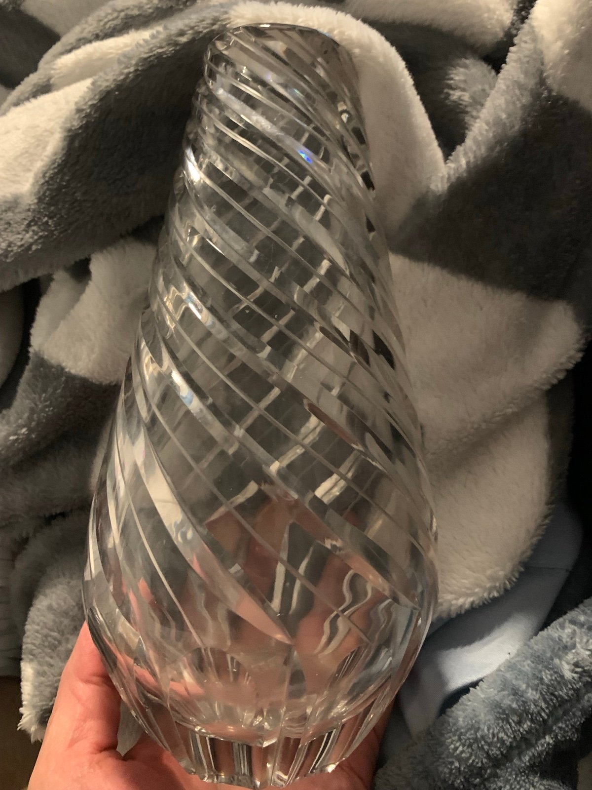 Art Glass Vase Tapered Clear Ribbed Swirl Cut with Thumbprint Design 8.5