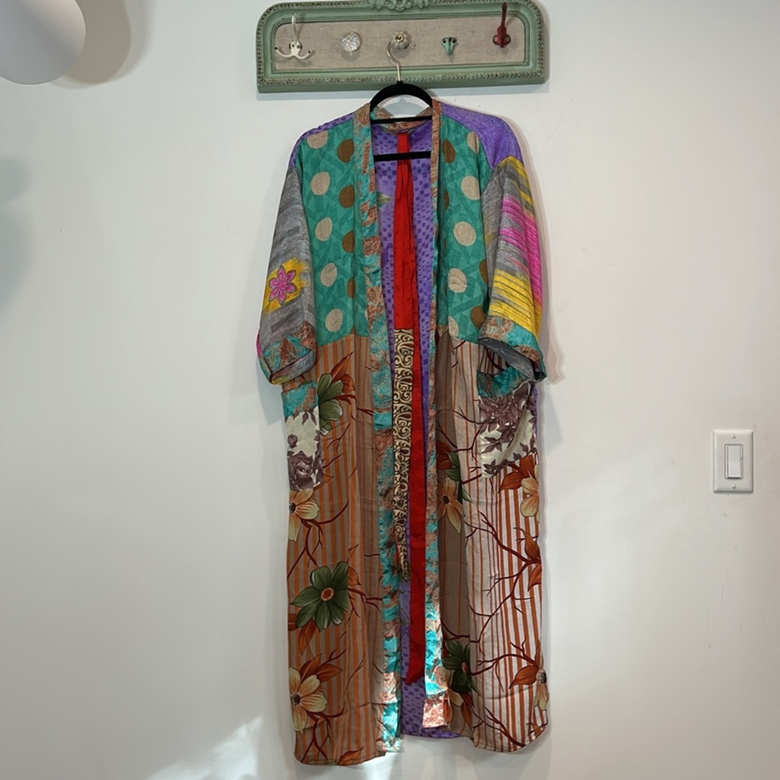 Vintage SILK PATCHWORK artisan Duster KIMONO ROBE CARDIGAN w belt one size