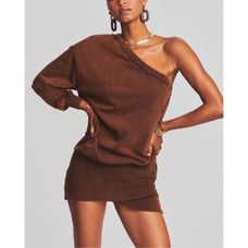 Helana Terry Women's Side Zip Cotton One-Shoulder Sweatshirt Dress Cognac Small