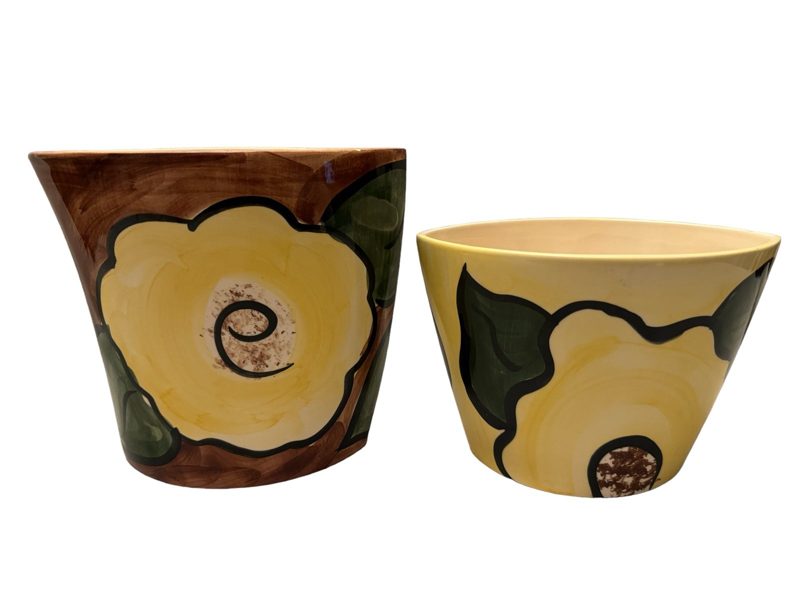 Set Of Secla Portugal Hand Painted Floral Vase Plant Holder Pot 7.25” & 5.75”