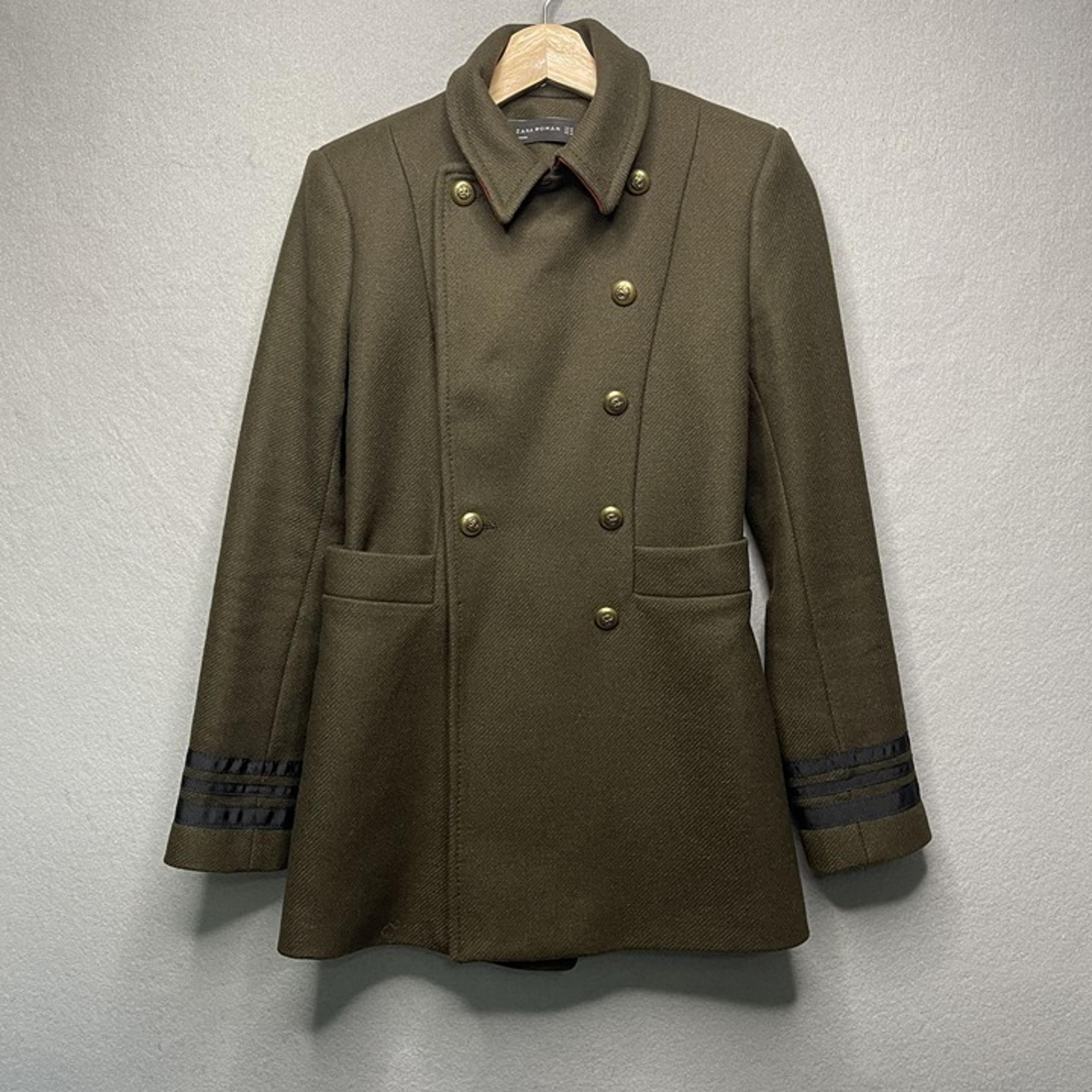 Zara Double Breast Military Olive Wool Blend Jacket Women's Blazer Size XS