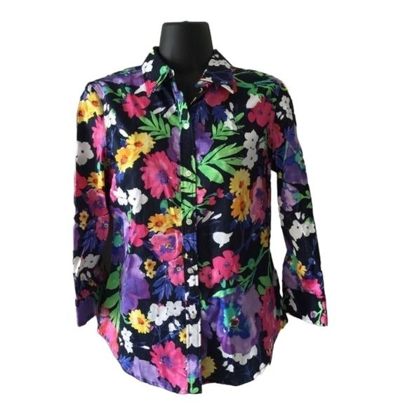 Lauren Ralph Lauren Cotton Summer Floral 3/4 Sleeve Blouse Petite Small PS