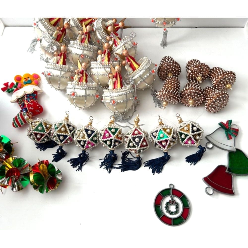 Vintage Lot Of Christmas Ornaments Silk Push Pins Beads Sequins Foil Mylar Glass