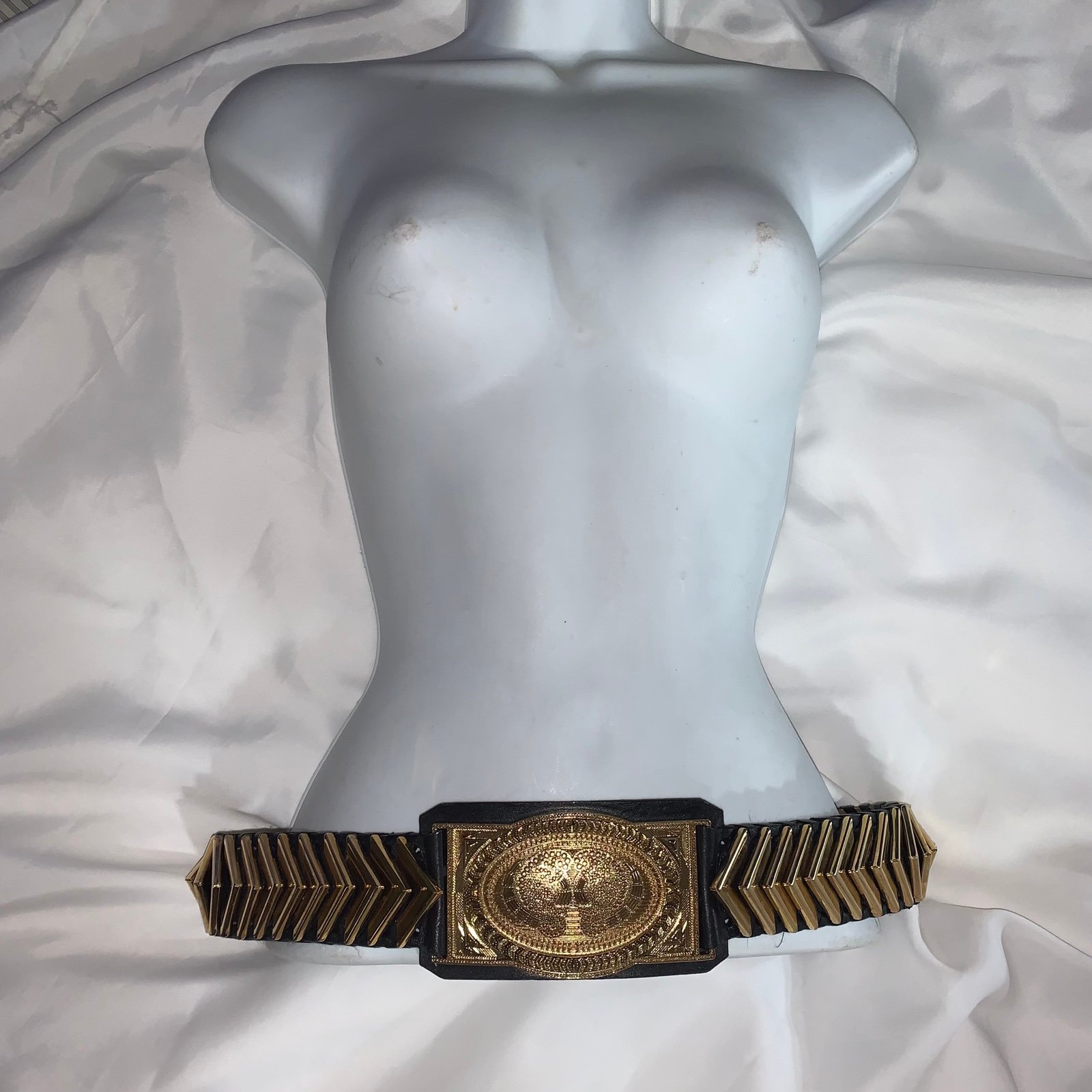 BALMAIN black leather BELT gold chevron dart STATEMENT FAUX BUCKLE