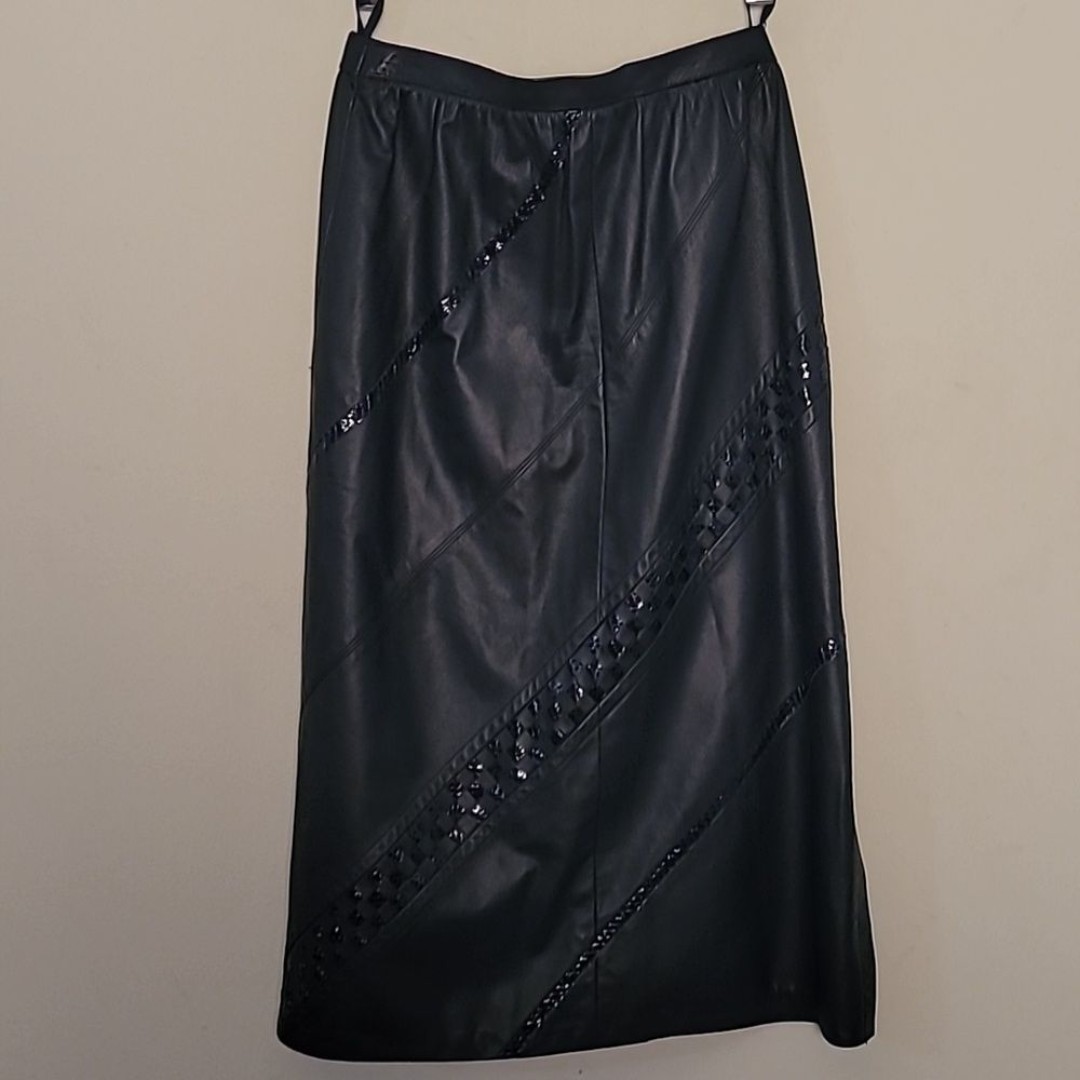 80s Vintage Werner Graumann Dark Blue Leather Midi Skirt