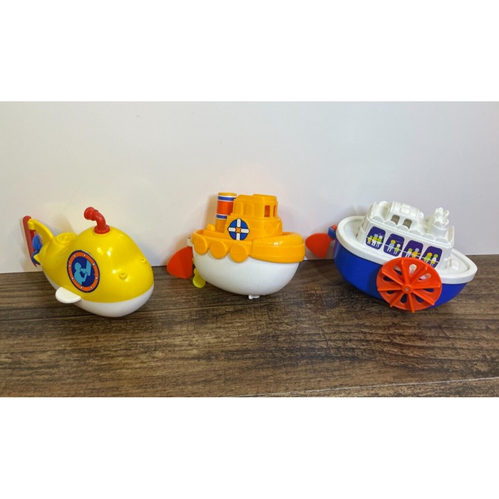 Vintage Tomy Bath Wind Up Toys Boats Tugboat Submarine Side Wheel Ferry - WORKS
