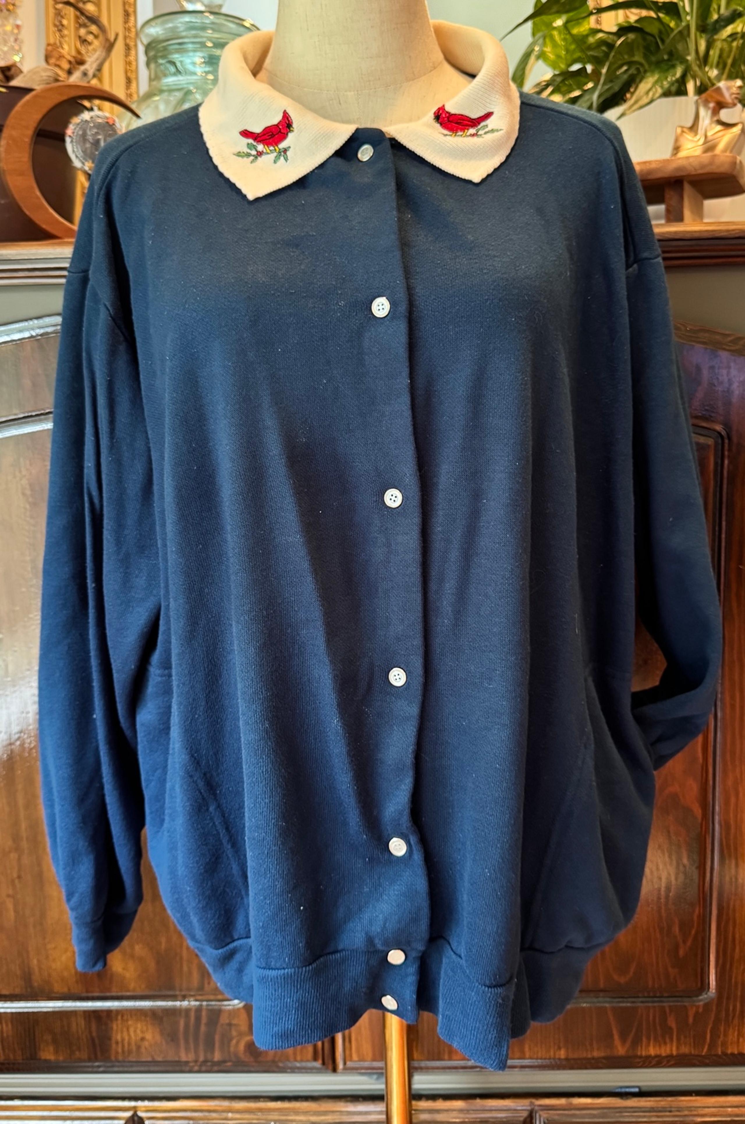 Sz L Vintage ORVIS Cardinal Embroidered Collared Cardigan Sweater Navy Blue 80s