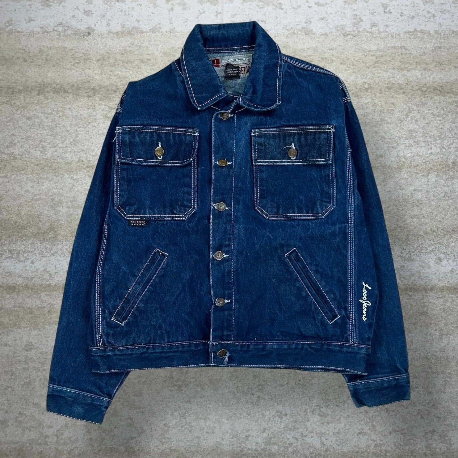 Vintage Skater Loco Jean Jacket Dark Wash Denim Button Up Y2K