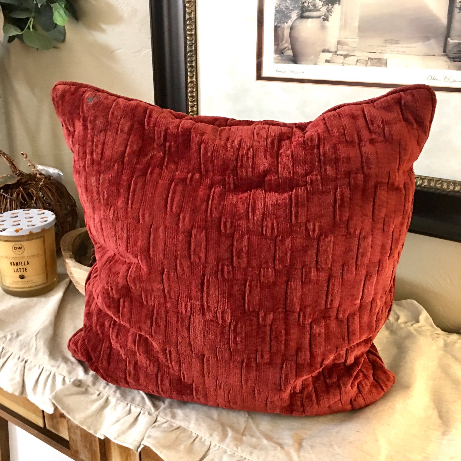 Maroon velour square pillow - autumn fall farmhouse home decor - plush cotton