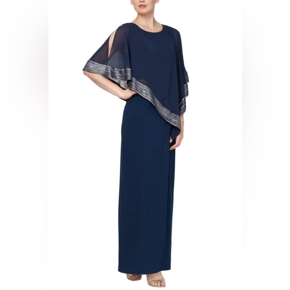 Size SLNY ATTACHED CHIFFON CUTOUT CAPE OVERLAY LONG EVENING DRESS - Navy