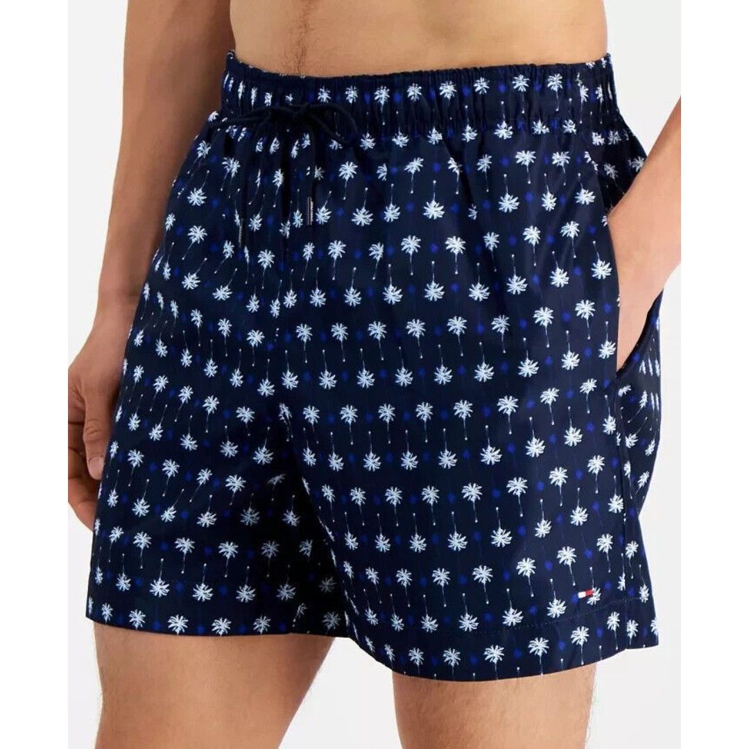 Tommy Hilfiger Men's Printed Drawstring 5 Swim Trunks Navy Mini Palms Shorts S