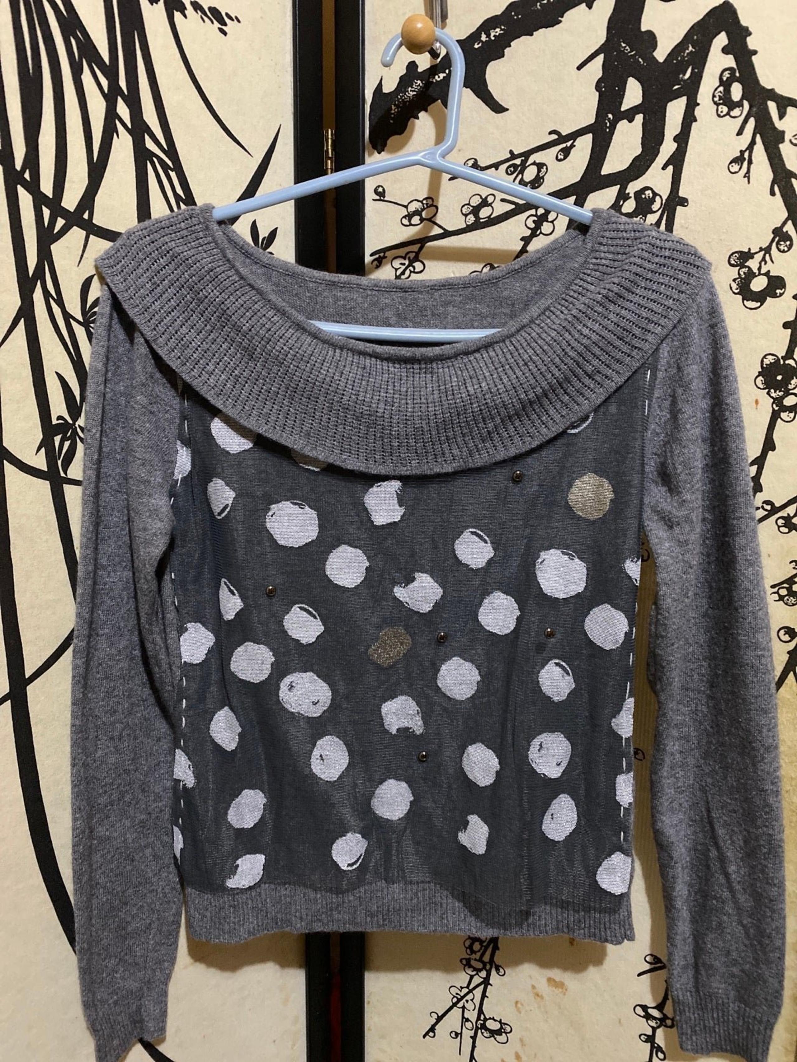 Women’s Ash Gray Cashmere/Wool Blend Sweater W/Organza Polka Dot