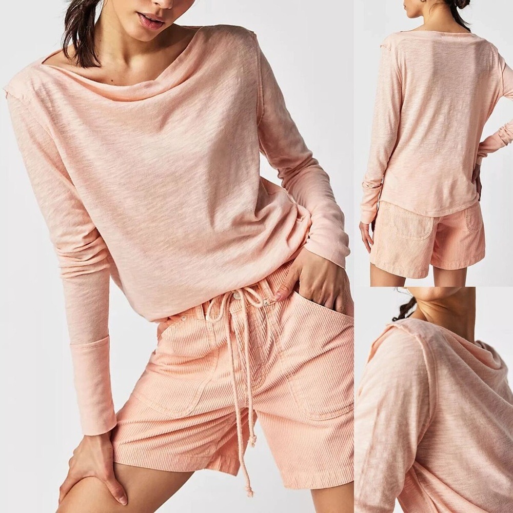 Free People We The Free Kimmi Long Sleeves Tee Top Pretty In Peach Slub Knit L