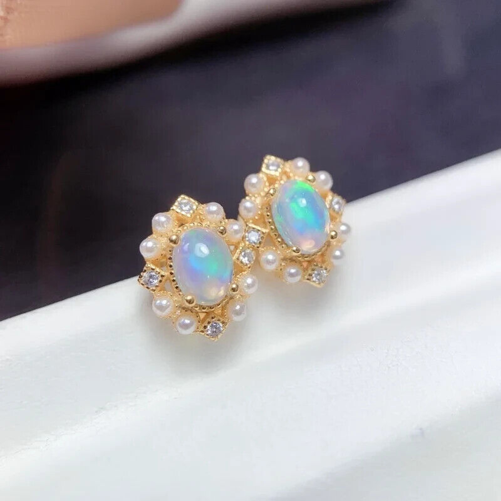 Fire Opal and Faux Pearl CLuster Stud Earrings, Natural Opal Stud Earrings 4x6mm