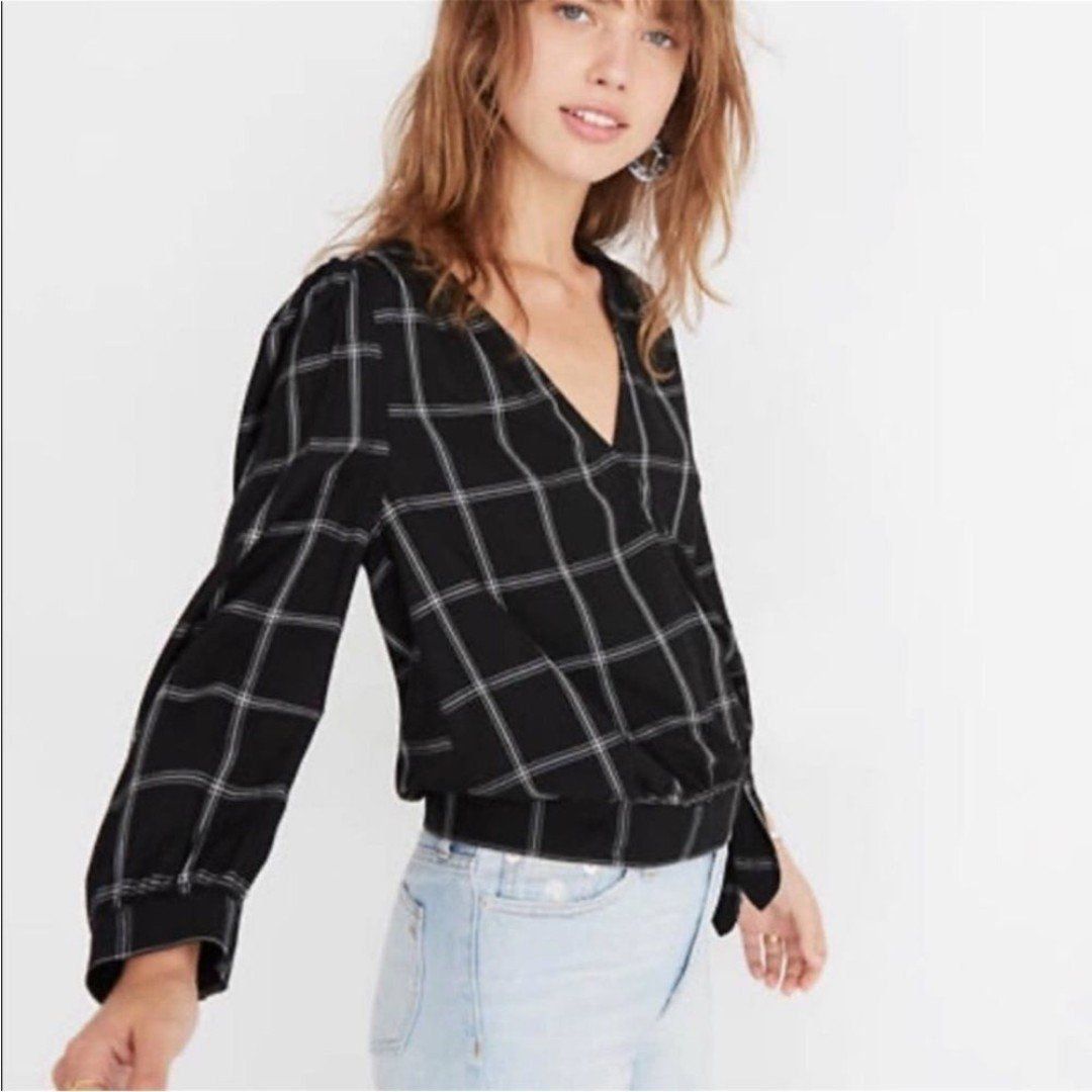 Madewell Black Windowpane Wrap Blouse Size XS EUC