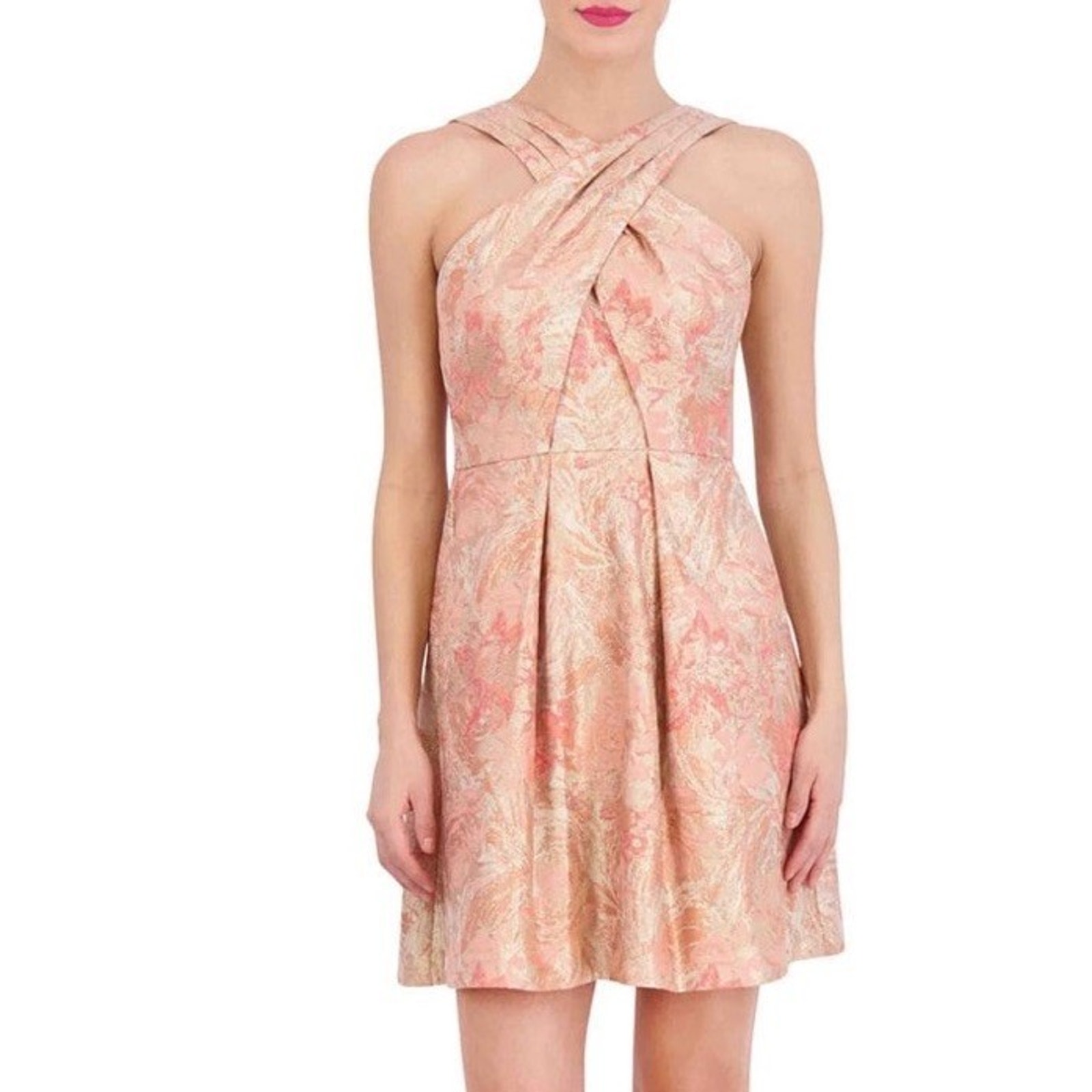 Vince Camuto Jacquard Fit-and-Flare CrissCross Neck Dress Size 10 Coral NWT 188