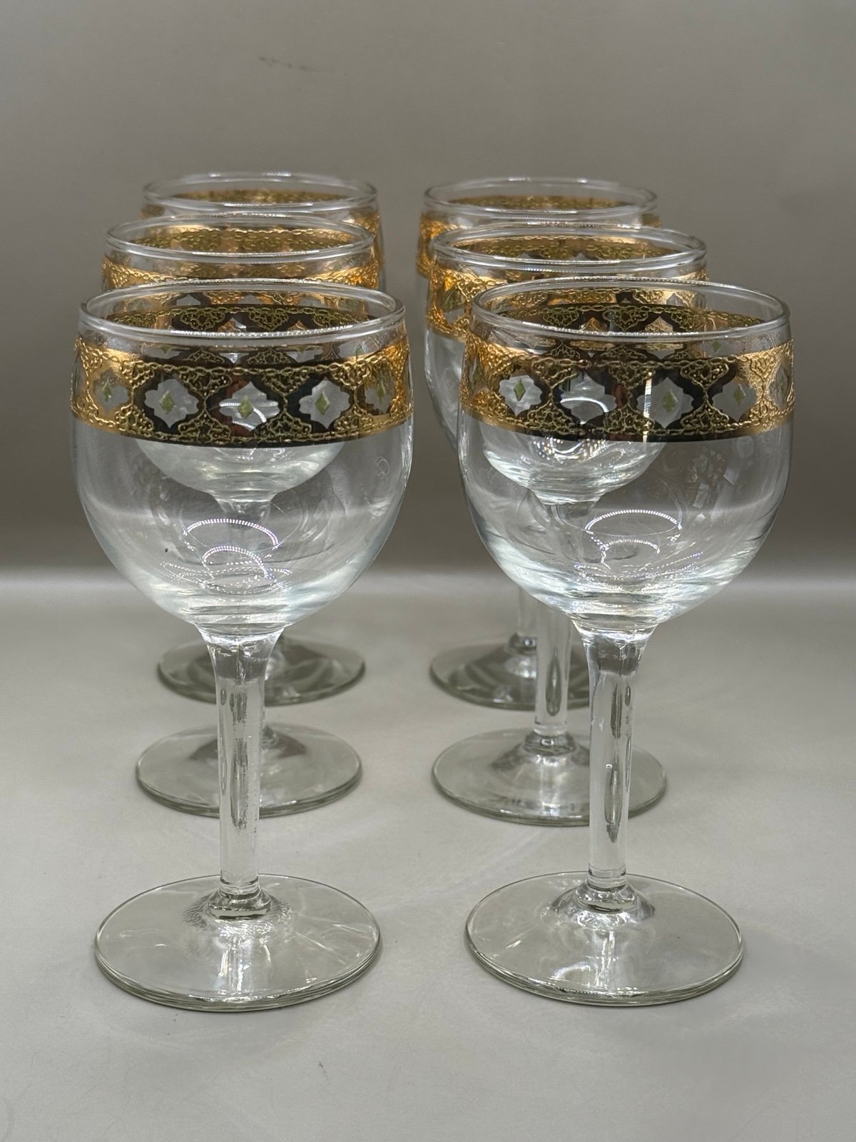 Culver Valencia 22k Gold Green Diamond Small Wine Glasses 5 3/4 Set of 6