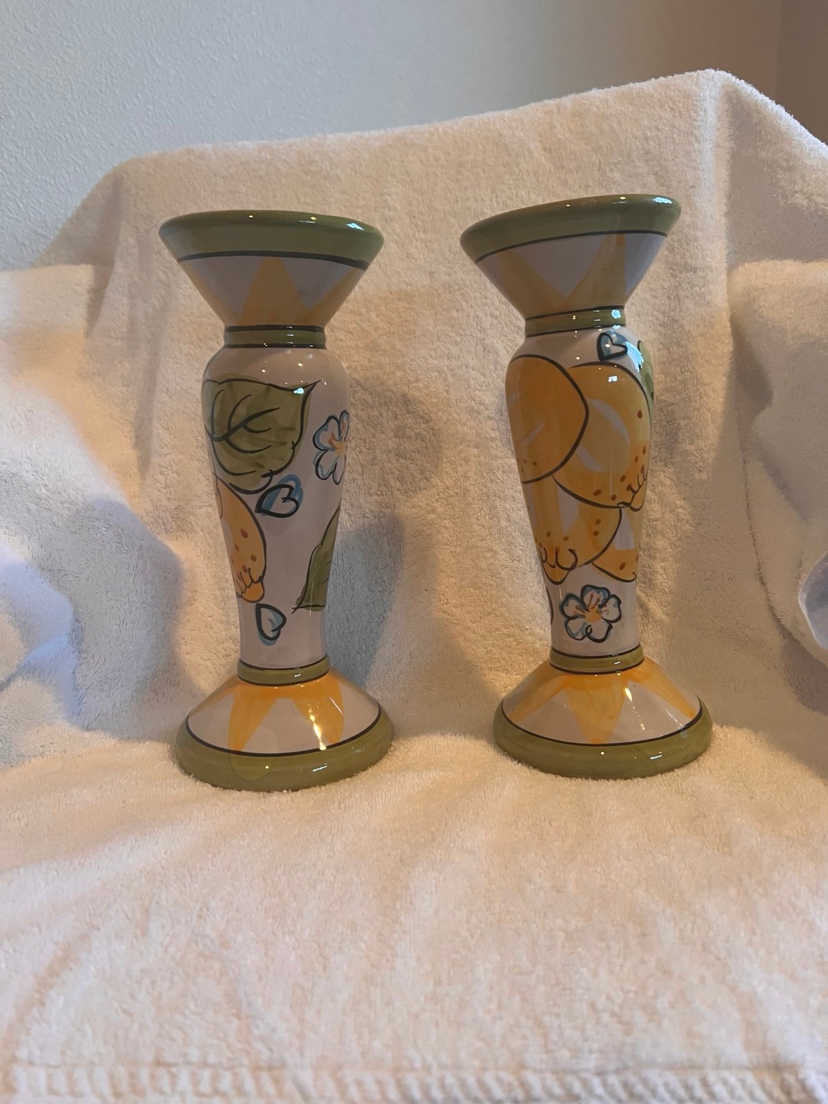 TAPER CANDLE STICK HOLDERS SET OF 2- a DOCKSIDE IMPORT- LEMON THEME- CERAMIC-VTG