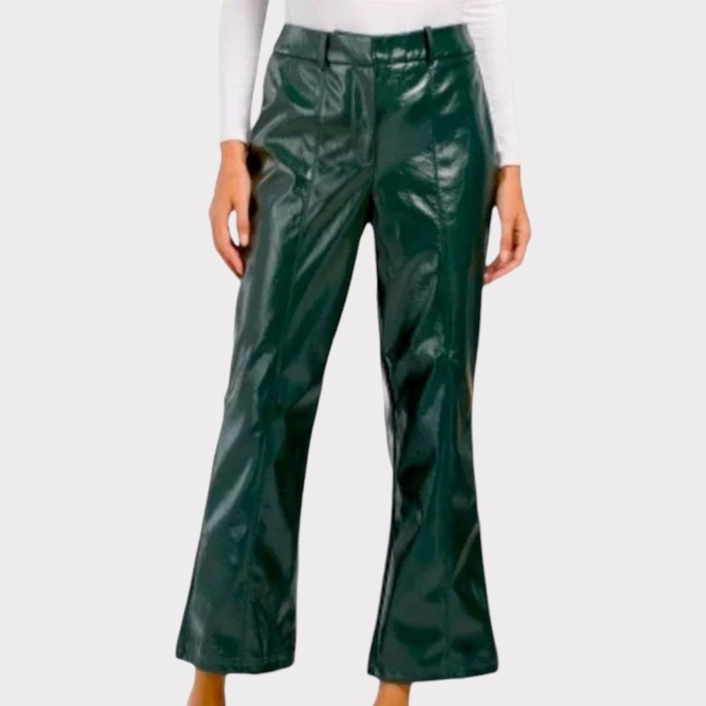 7 For All Mankind Green Faux Leather Shiny Cropped Mini Flare Leg Pant