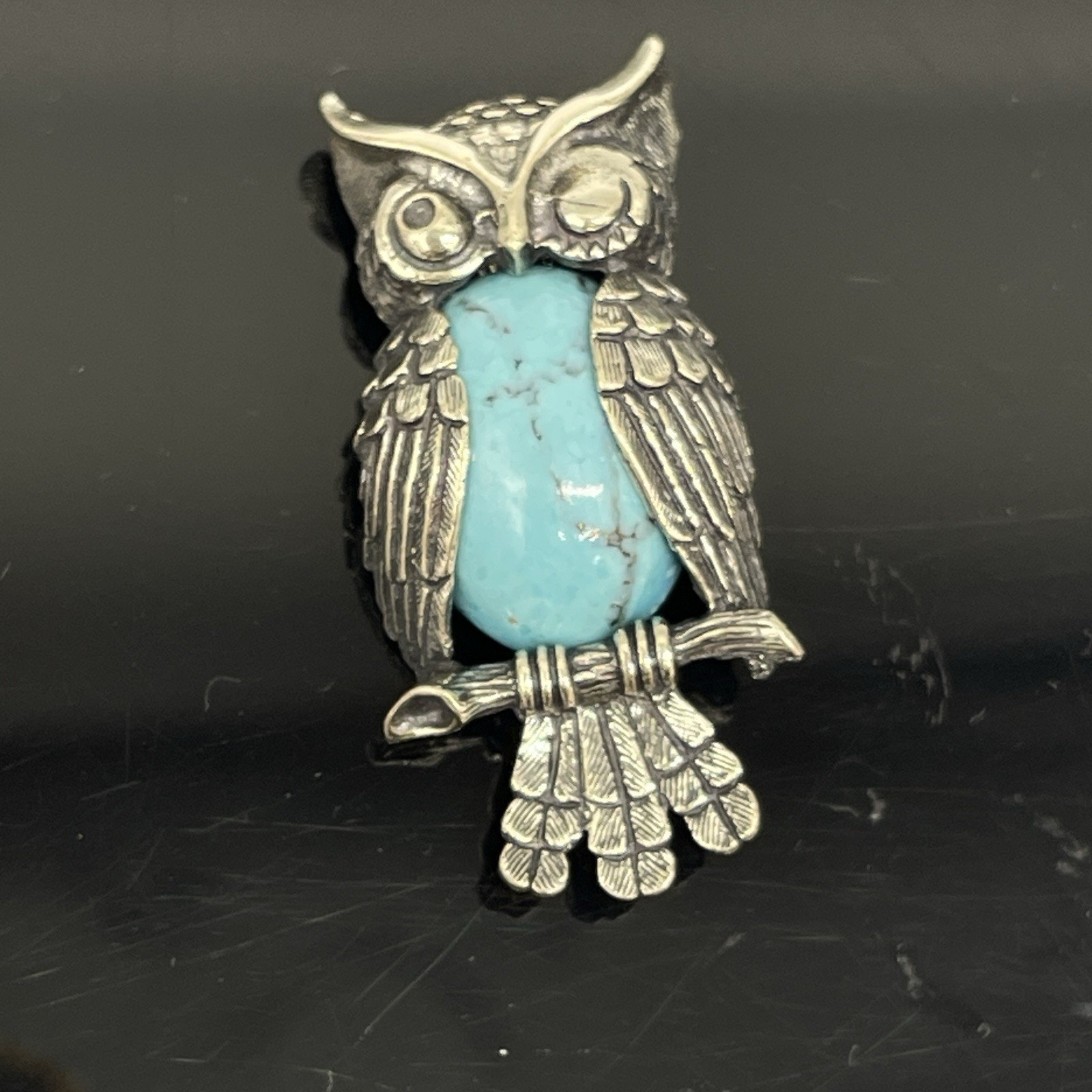 BEAU Sterling Silver 925 Turquoise Winking Eye Owl Bird Brooch/Pin Vintage