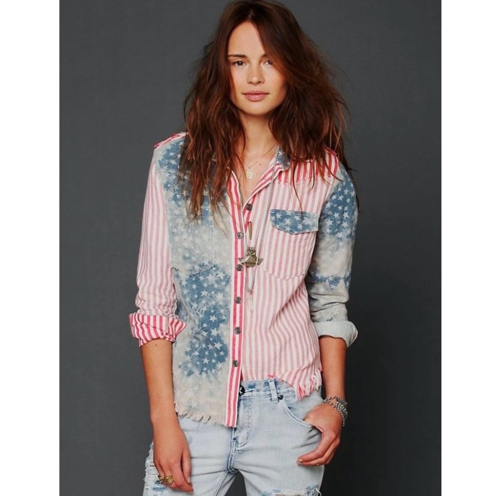 Free People Land Of Liberty Buttondown Shirt size Medium