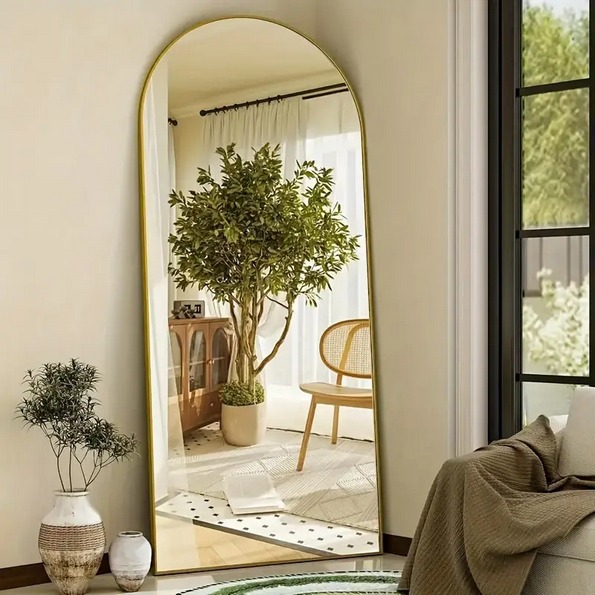 Arched full-length mirror with aluminum frame, floor-standing or wall-mounted.