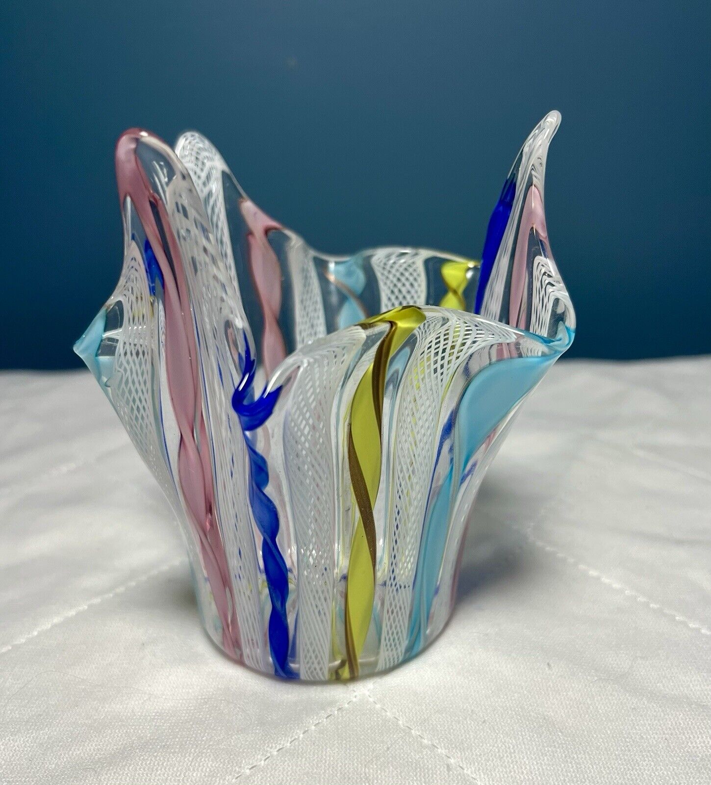 Vintage Venetian Murano Bowl Latticino Hand Blown Glass Ruffled Handkerchief Rim