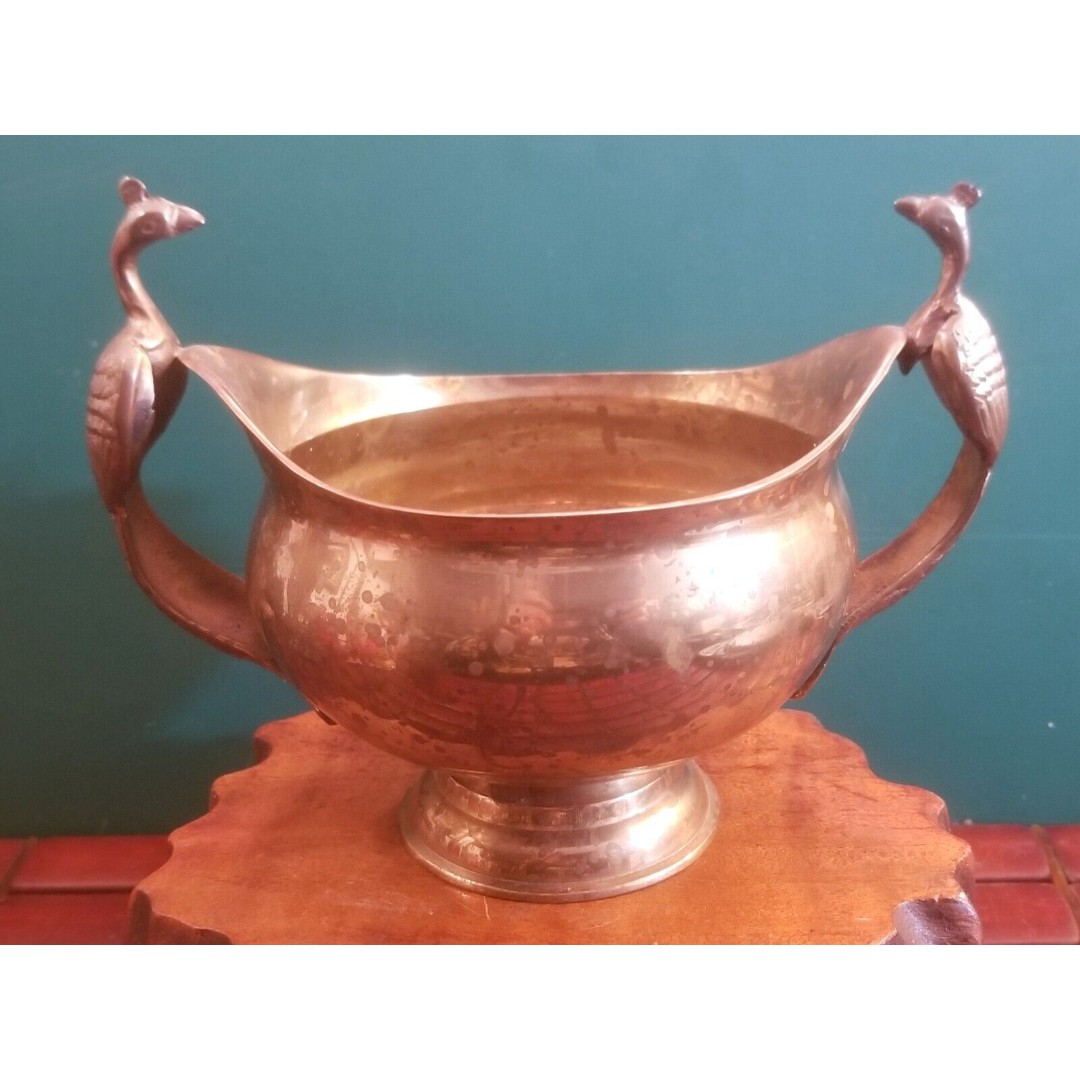 Vintage Solid Bronze Double Handle Ritual Bowl w/ Peacock Handles 7 x6.25 x4.5