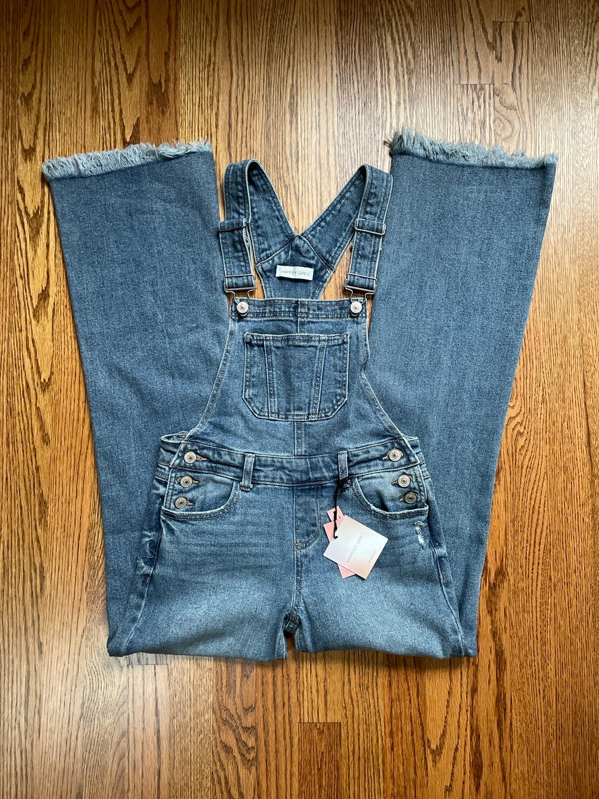 Happily Grey Women's Size 0/24 Medium Wash Flare Jean Overalls with Raw Hem NWT