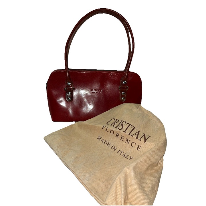 Christian Florence Made In Italy Leather HandBag Red With Brown Handle Dust Bag